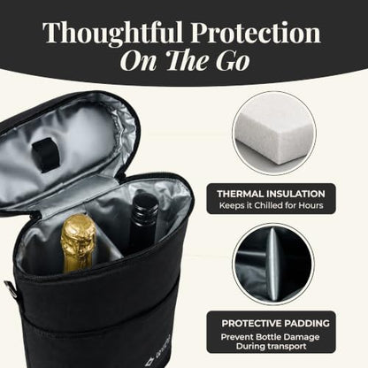 Insulated Wine Cooler Bag with 2 Adjustable Sleeves - Black