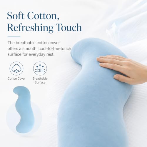 Blue S-Shaped Body Pillow for Side Sleepers with Cooling Cotton Cover - Support for Hips, Knees & Legs