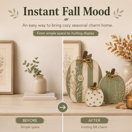 Wildflower Wooden Pumpkin Set - Farmhouse Fall Decor, 3 Sizes