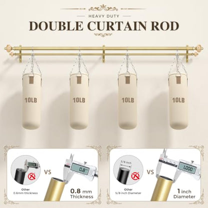 Gold Double Curtain Rod 36-91 Inch with Crystal Finials - Ornate European Style