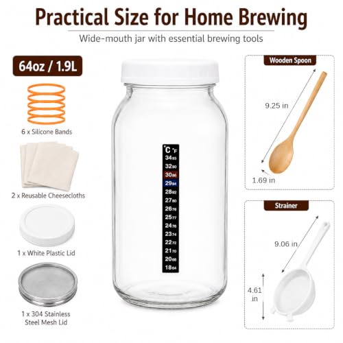 64 oz Kefir Starter Kit with Glass Fermentation Jar & Strainer
