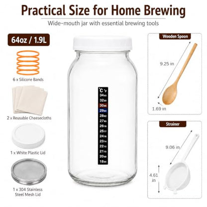 64 oz Kefir Starter Kit with Glass Fermentation Jar & Strainer
