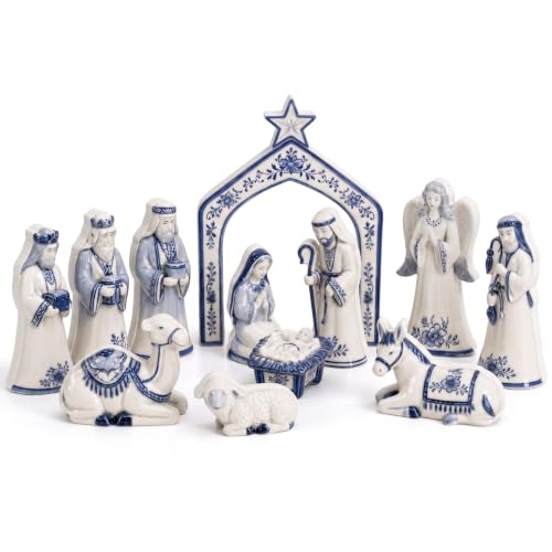 Chinoiserie Blue and White Wooden Nativity Set - 13 Pieces Mini Manger Decor