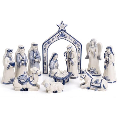 Chinoiserie Blue and White Wooden Nativity Set - 13 Pieces Mini Manger Decor