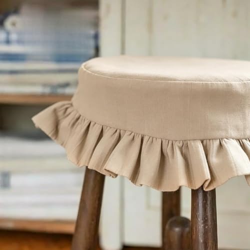 Farmhouse Linen Bar Stool Covers with Ruffles 12/14 Inch Camel - Set of 2