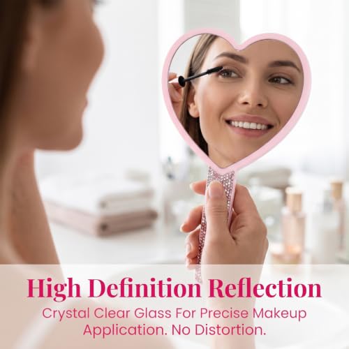 Pink Heart Handheld Mirror with Rhinestones - Compact Makeup & Gift