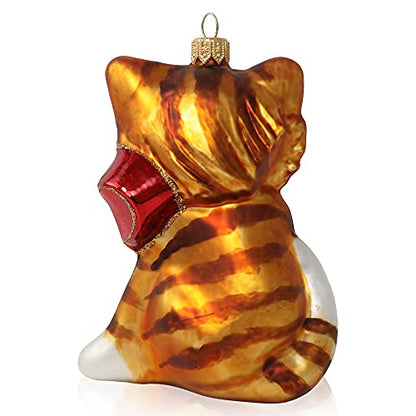 Hand Blown Glass Christmas Cat Ornament with Red Bow - Holiday Decor