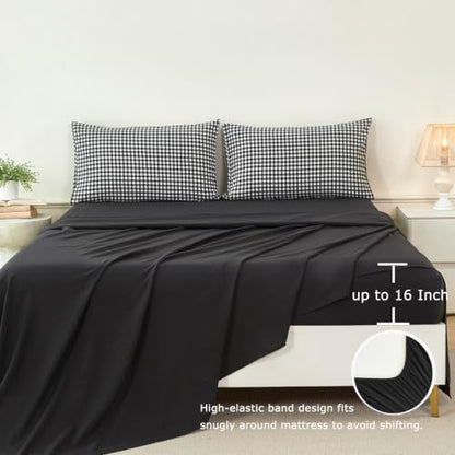 Full Gingham Bedding Set for Boys Black White Plaid Bed in a Bag 5Pcs