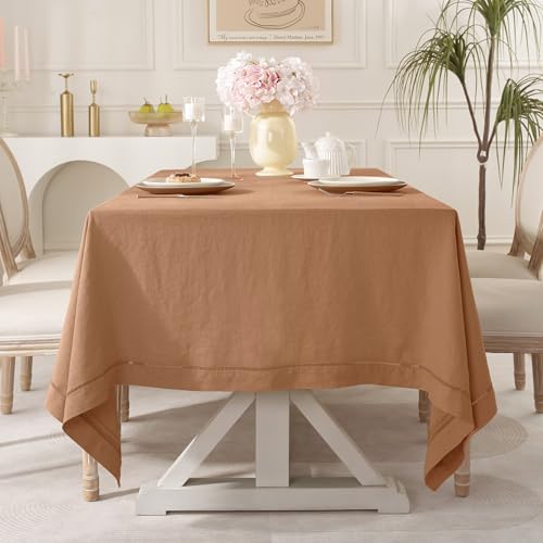 Beige Hemstitch Linen Tablecloth 90x60 Inch - Fall Table Decor