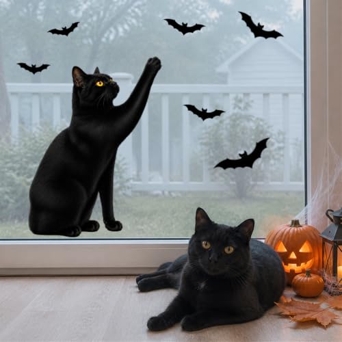 Funny Halloween Black Cat Window Clings - 6 Sheets Static Decor for Glass & Mirrors