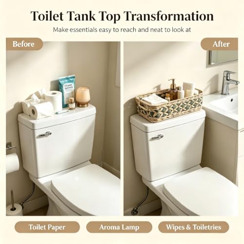 2-Pack Woven Rattan Bathroom Organizer Baskets with Handles for Toilet Tank