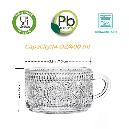 Vintage Glass Coffee Mug Set 14 Oz Stackable Tea Cups with Handle for Hot Cold Beverages