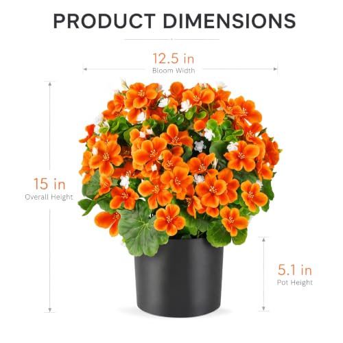 15-Inch Artificial Geranium Flower in Pot - Fall Decor, Orange