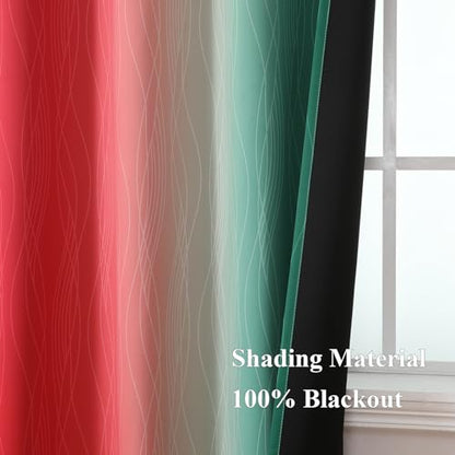 Green and Red Ombre Blackout Curtains 52x96 Inches - Pack of 2 - Modern Room Darkening Drapes with Wavy Line Design