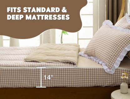 Girls Full Plaid Zipper Bedding Set - Khaki with Ruffle Details