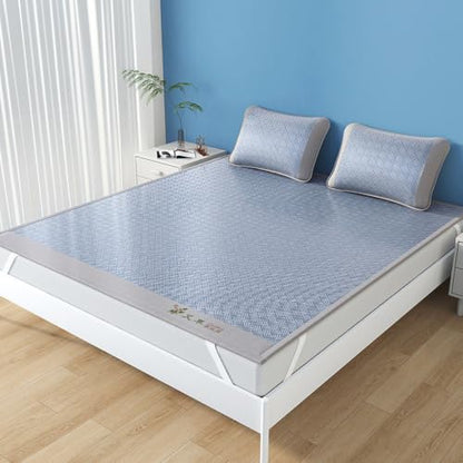 Blue Foldable Cooling Sleeping Mat with Pillowcase - 120x195cm Ice Silk Bed Pad