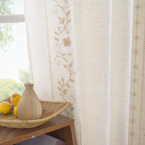 BGment Boho Floral Border Linen Curtains for Living Room, 2 Panels, Beige, 52"W x 84"L