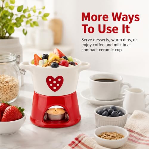 Mini Ceramic Fondue Cup with Fork - Candle Heated Personal Dipping Mug - Style 1
