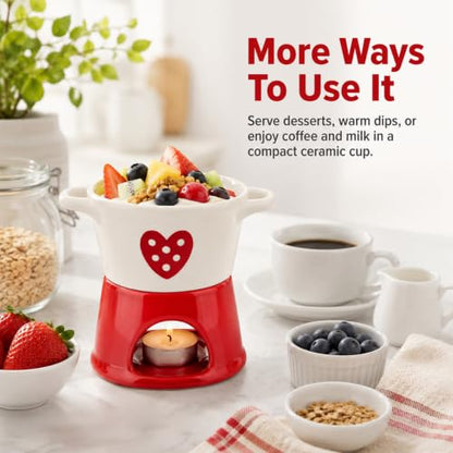 Mini Ceramic Fondue Cup with Fork - Candle Heated Personal Dipping Mug - Style 1