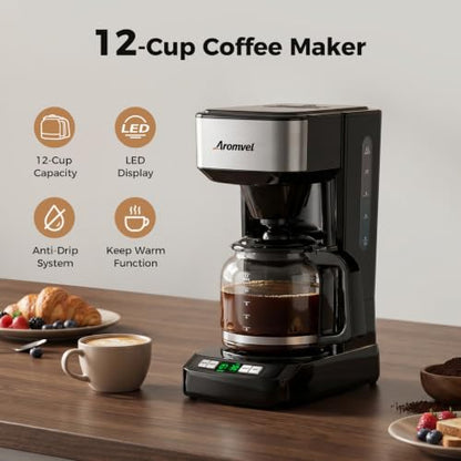 Aromvel Bright Silver 12-Cup Drip Coffee Maker with LED Display