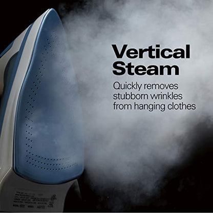 Hamilton Beach Steam Iron & Vertical Steamer for Clothes with Scratch-Resistant Soleplate, Adjustable Steam Settings + 8’ Cord Wrap, 3-Way Auto Shutoff, Anti-Drip, Self-Cleaning, 1500 Watts, Blue