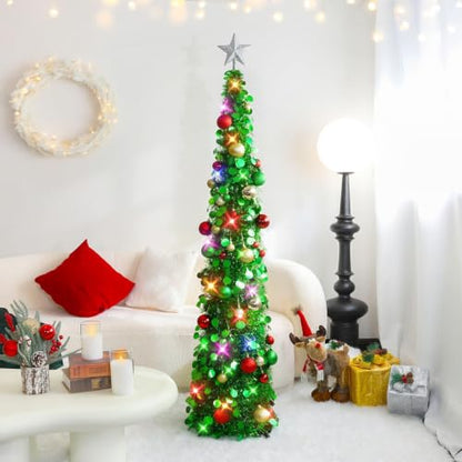 Collapsible 5Ft Green Tinsel Christmas Tree with Lights & 30 Ornaments - Holiday Decor