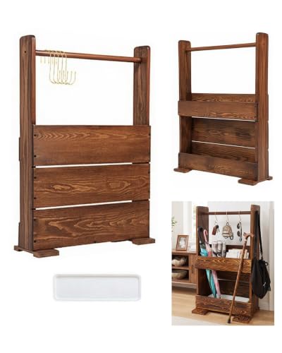 Vintage Charred Pine Wooden Umbrella Stand with 5 Hooks & Drip Tray - Entryway Organizer