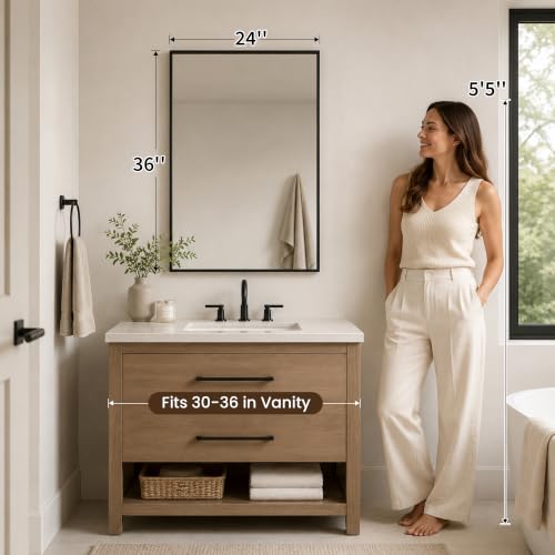 24x36 Inch Matte Black Recessed Bathroom Mirror - Modern Wall Decor