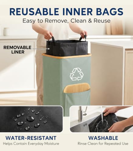 Recycling Bin for Kitchen with Bamboo Lid - Green, 26 Gallon Capacity