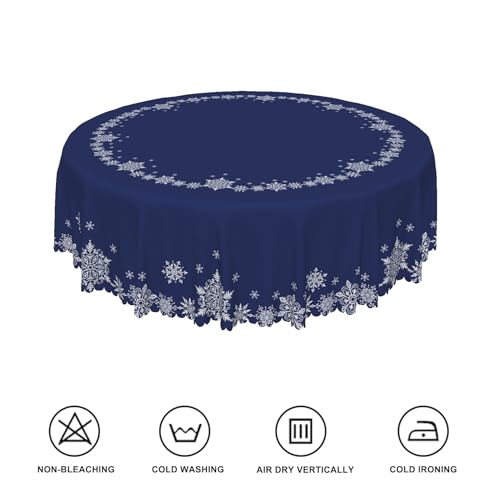 Christmas Round Tablecloth 42 Inch Navy Blue Snowflakes Circular Washable Fabric Holiday Decor Variation