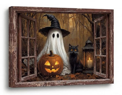 Halloween Oil Painting Canvas Wall Art 48 x 32 in - Classic Haunted Scene with Gilded Frame - Spooky Home Decor