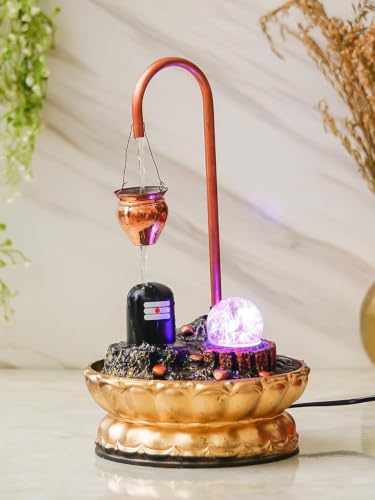 Indoor Water Fountain with LED Light Ball, Copper Pot & Gold Base – Tabletop Decor