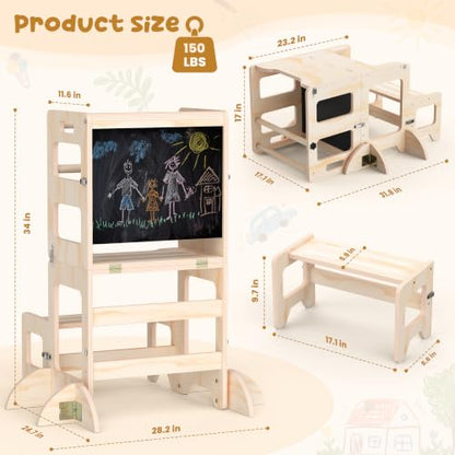 Natural Toddler Kitchen Step Stool 4-in-1 Foldable Learning Tower with Blackboard