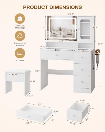 White Makeup Vanity Desk with Glass Top & Acrylic Cabinet - 35.4"