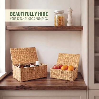 Water Hyacinth Wicker Storage Baskets with Lids - Set of 2 Decorative Boxes