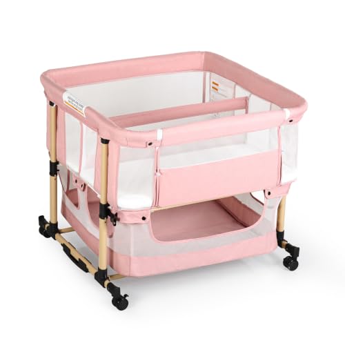 Pink Twin Bassinet for 2 Babies - Portable Rocking Bedside Crib for Twins