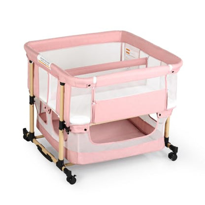 Pink Twin Bassinet for 2 Babies - Portable Rocking Bedside Crib for Twins
