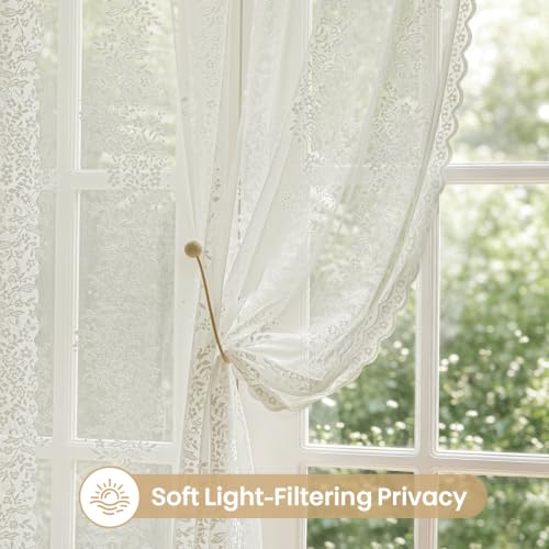 Ivory Floral Sheer Lace Curtains - 2 Panels, 55W x 63L Inches