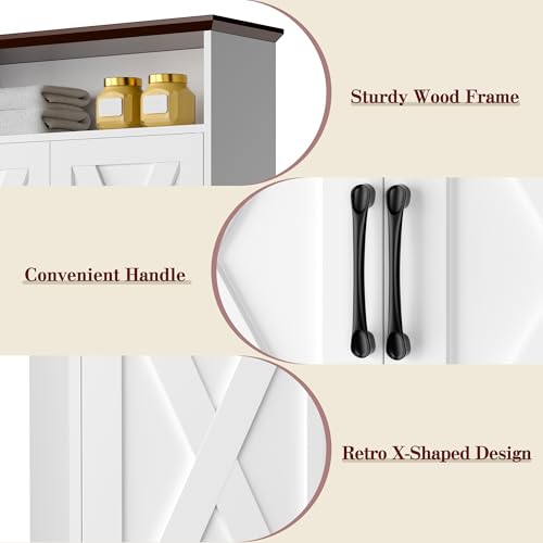 White Farmhouse Bathroom Wall Cabinet with Motion Sensor LED Light & Towel Bar