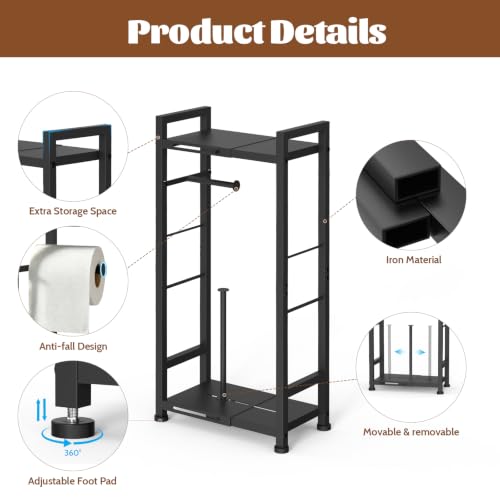 2-Tier Freestanding Toilet Paper Holder Stand with Shelf, Expandable Width 8.7-13in, Slim Floor Dispenser for Bathroom, Small Space, Black