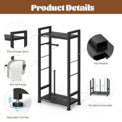 2-Tier Freestanding Toilet Paper Holder Stand with Shelf, Expandable Width 8.7-13in, Slim Floor Dispenser for Bathroom, Small Space, Black