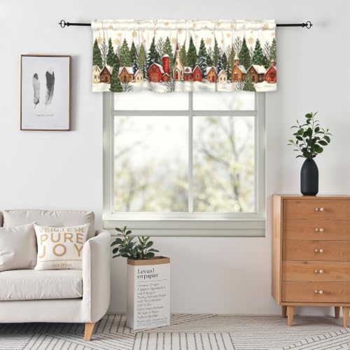 Christmas Village Snowy Window Valance - Rustic Winter Kitchen Decor 54x18 Inch - Variation 2