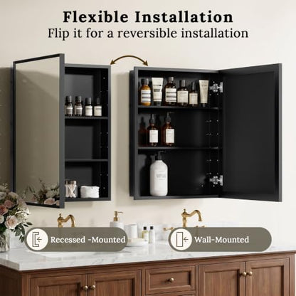 Black Aluminum Bathroom Medicine Cabinet 14x18 Inch Wall-Mounted Mirror with Storage