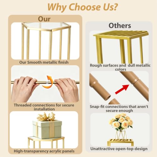 Gold Hexagon Pedestal Stands 3 Sizes for Party Decor, Cake & Centerpieces