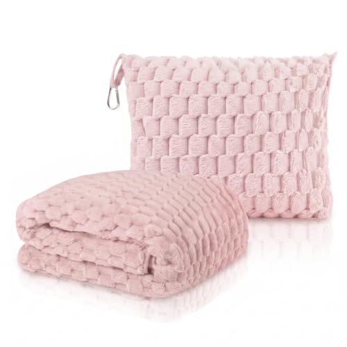 Pink Travel Blanket with Bag - Soft Fleece Portable Airplane Throw