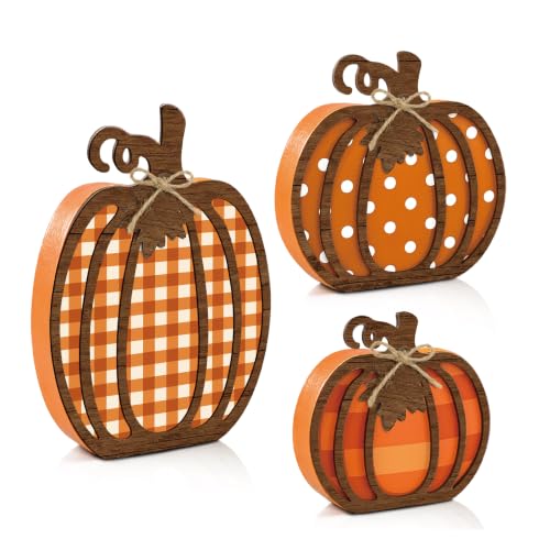 Farmhouse Pumpkin Decor Set - Wooden Autumn Fall Decorations, 3 Pieces
