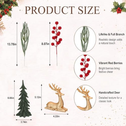 Christmas Table Decorations Set with Pine Picks, Berry Stems & Reindeer Figurine