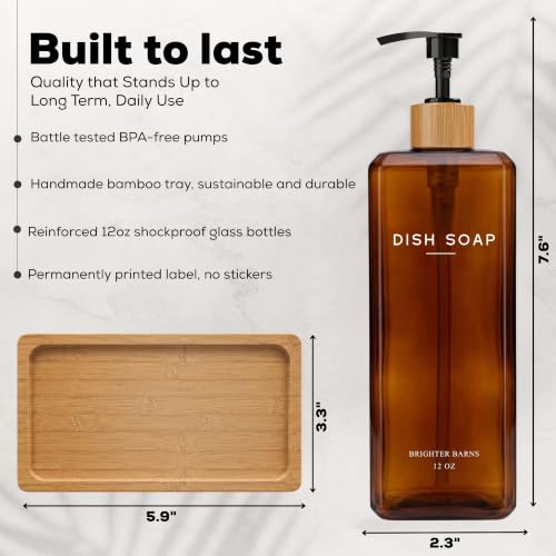 Amber Glass Hand and Dish Soap Dispenser Set - 12oz Kitchen Sink Decor - Modern Organic Home