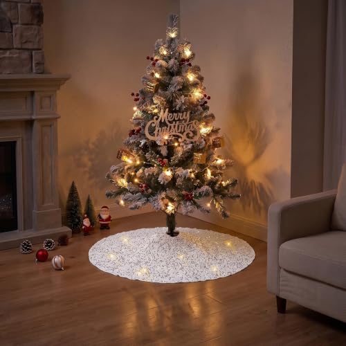 White Velvet Christmas Tree Skirt with Silver Sequins 24 Inch - Holiday Decor