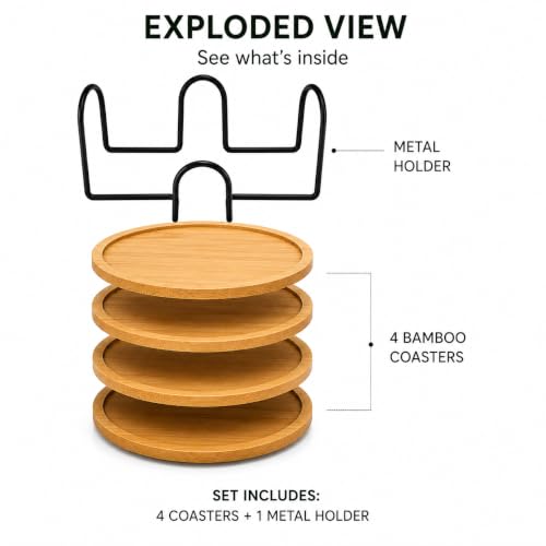 Bamboo Coaster Set with Holder - Natural Water-Resistant Drink Coasters for Home & Office